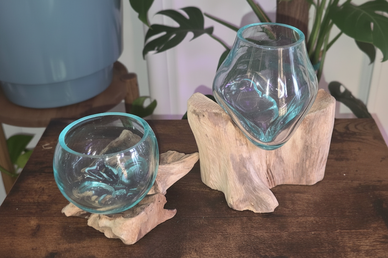 Small Slump Vase on driftwood Tall style