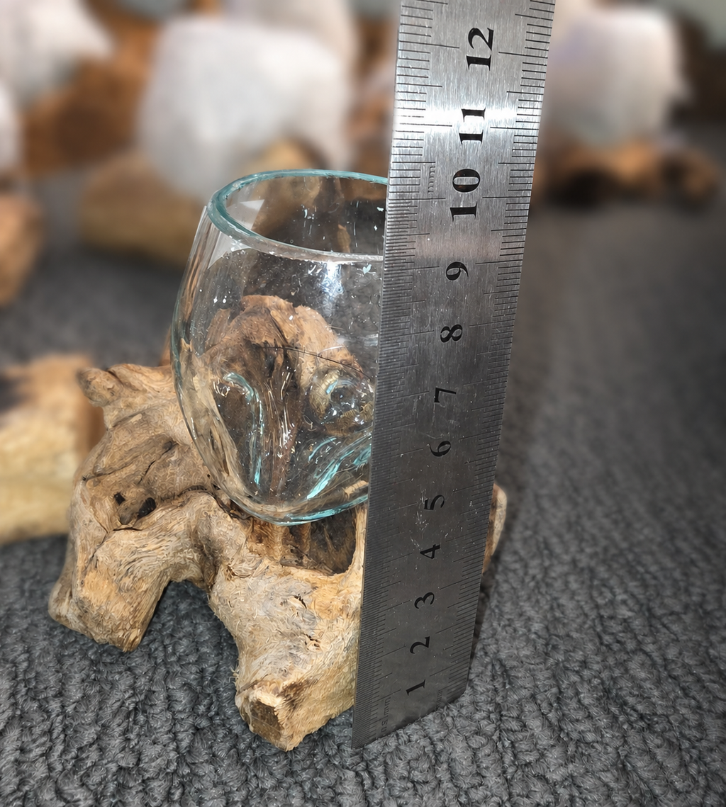 Mini glass slump vases on driftwood