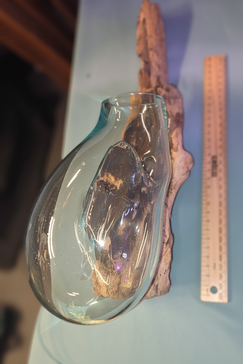 Hanging glass slump vase on driftwood