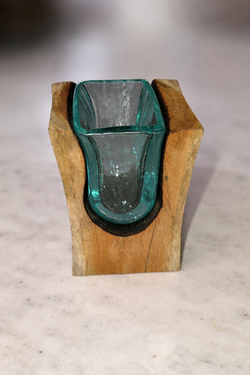 Small melted glass vase with wooden base