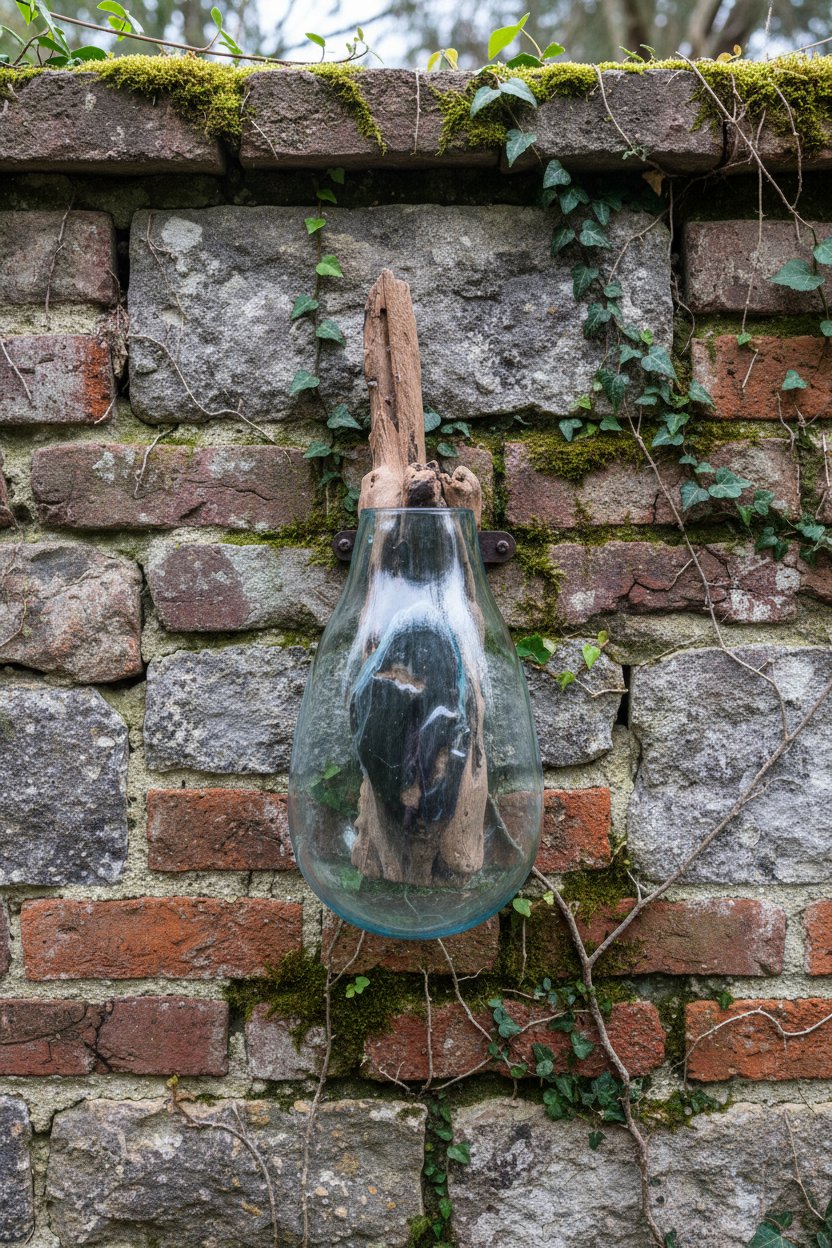 Hanging glass slump vase on driftwood