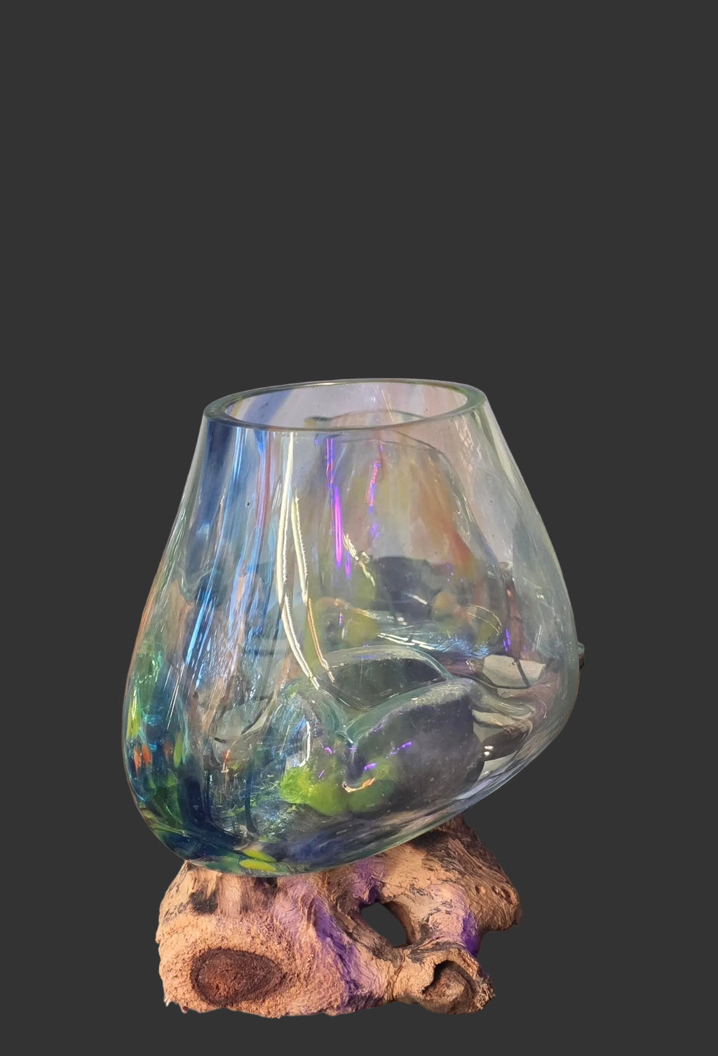 Coloured glass slump on Driftwood