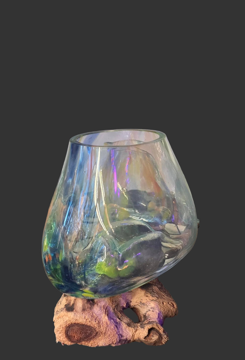Coloured glass slump on Driftwood